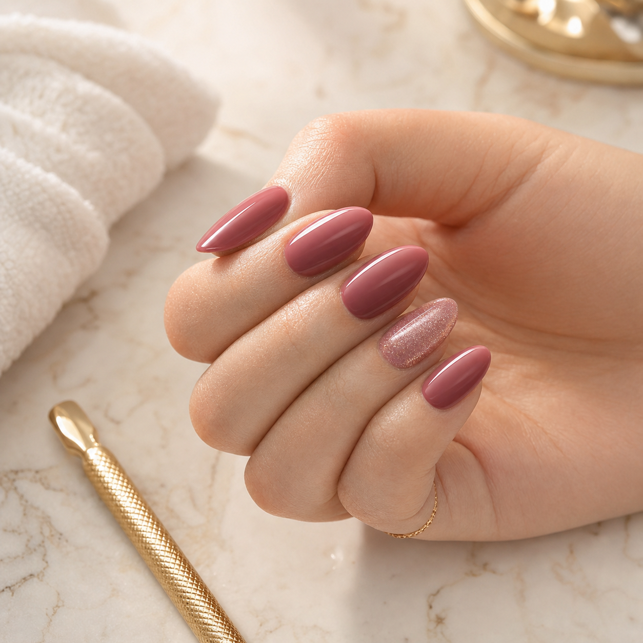 Nude rose köröm pearl fényű akcentussal